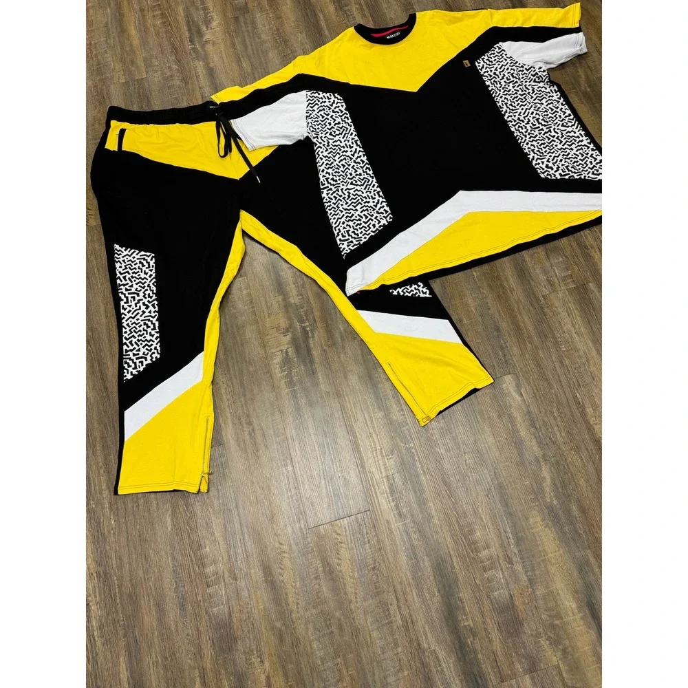 Makobi‎ Mens 6XB Yellow Black Geometric Colorblock T-Shirt and Joggers Set MS555